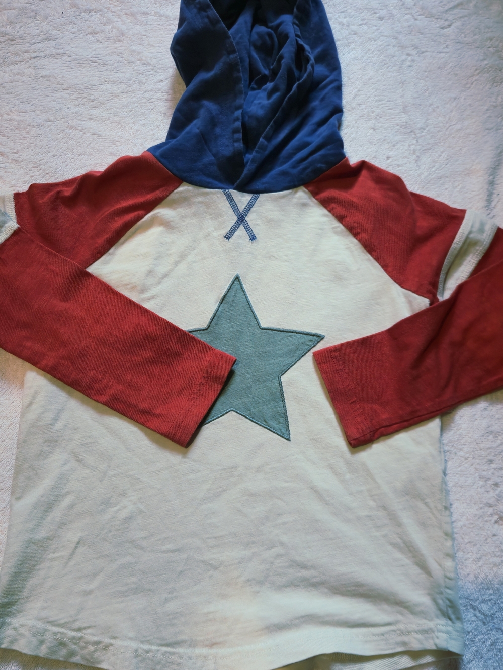 Mini Boden Cream Star Hoodie with Red Sleeves and Blue Hood